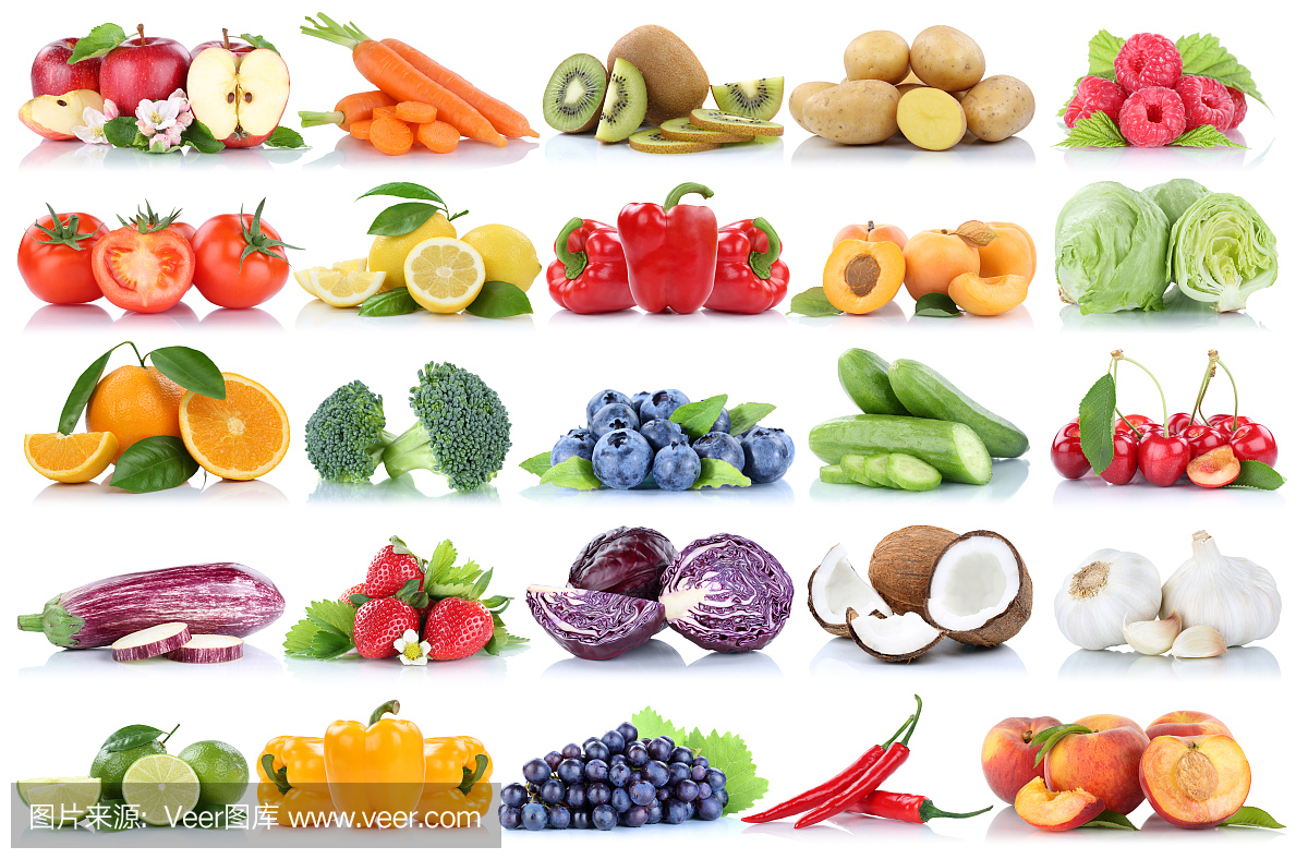 水果和蔬菜采集分离的橙子、苹果、浆果、葡萄、西红柿